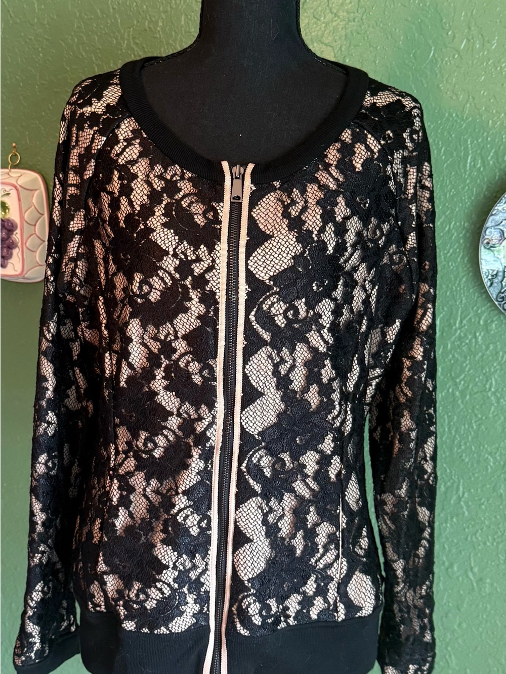 Boston Proper Black Floral Lace Zip-Front Jacket